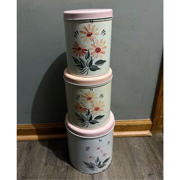 Vtg NC Colorware 60s Metal Kitchen Canister Set of 3 Flowers Beige Peach MCM - Picture 2 of 16